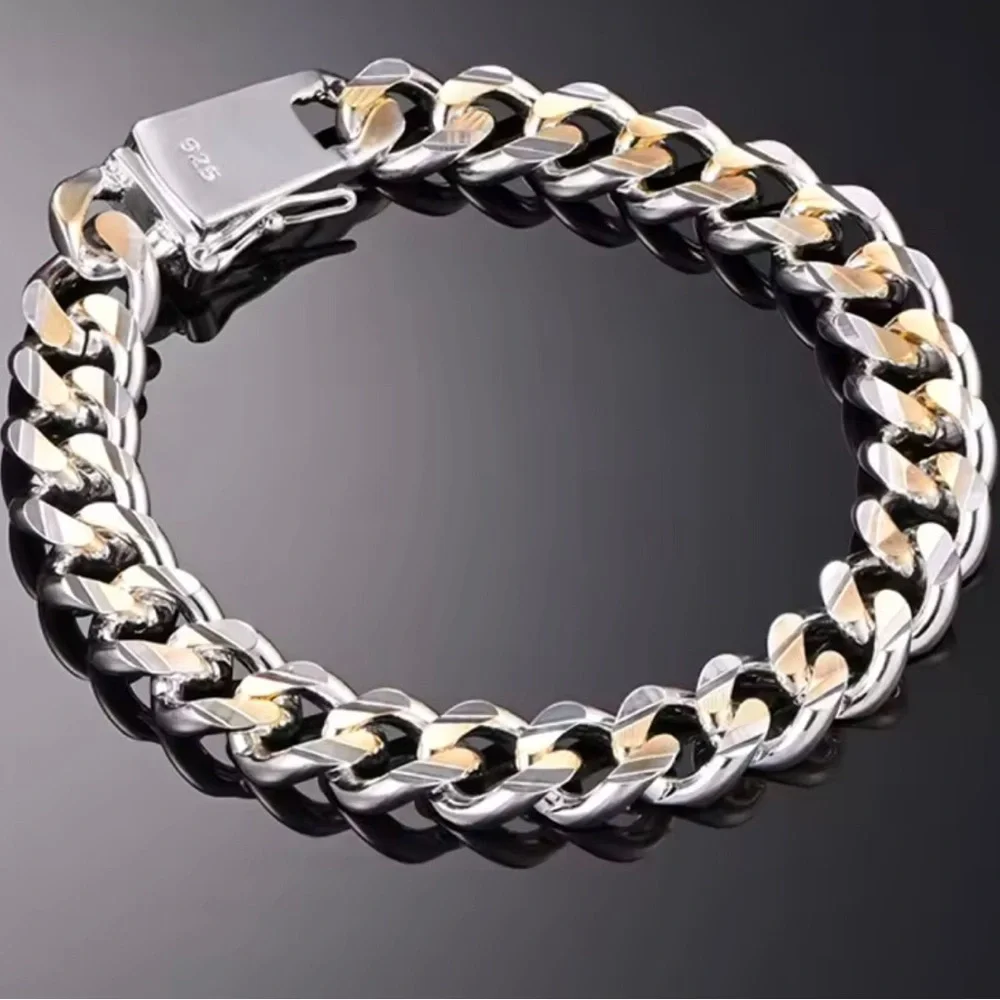 Men's Two-Tone Curb Chain Bracelet - Sterling Silver & Gold, 10mm wide, 8” long